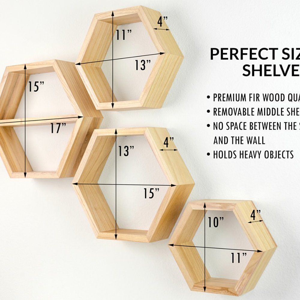 Floating Shelves - Natural Hexagon Shelves Set of 4 - wall decor - Picture 4 of 10